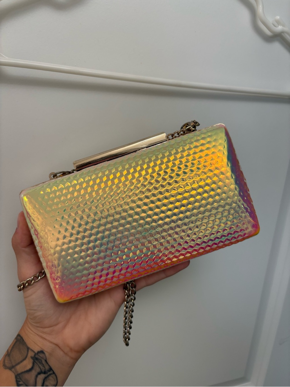 Iridescent Holographic Clutch Bag with Chain Strap